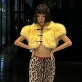 Fluffy Faux Fur Crop Belt Buckle Jacket